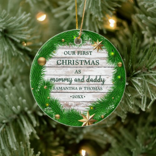 Our first Christmas as mommy and daddy Wreath Cera Ceramic Ornament