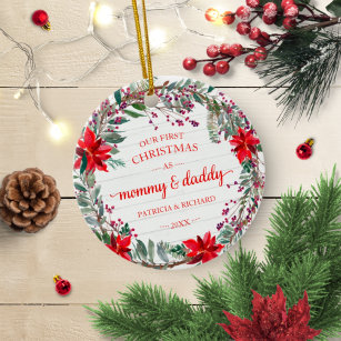 Our First Christmas as Mommy & Daddy Rustic Wreath Ceramic Ornament