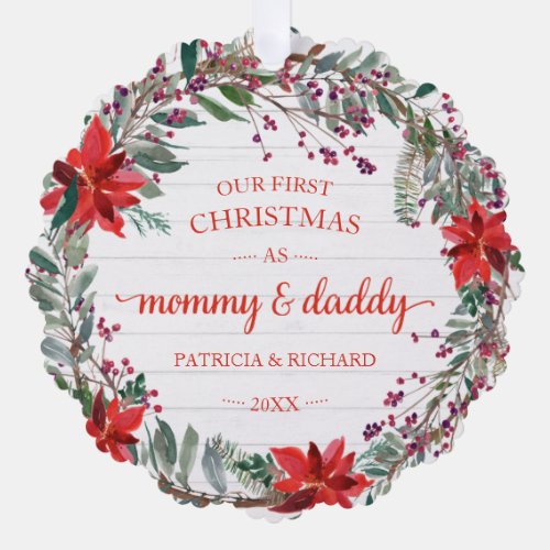 Our First Christmas as Mommy  Daddy Rustic Wreath Ornament Card