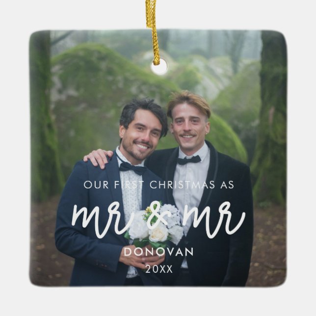 Our First Christmas as Mr and Mr wedding photo Ceramic Ornament (Front)