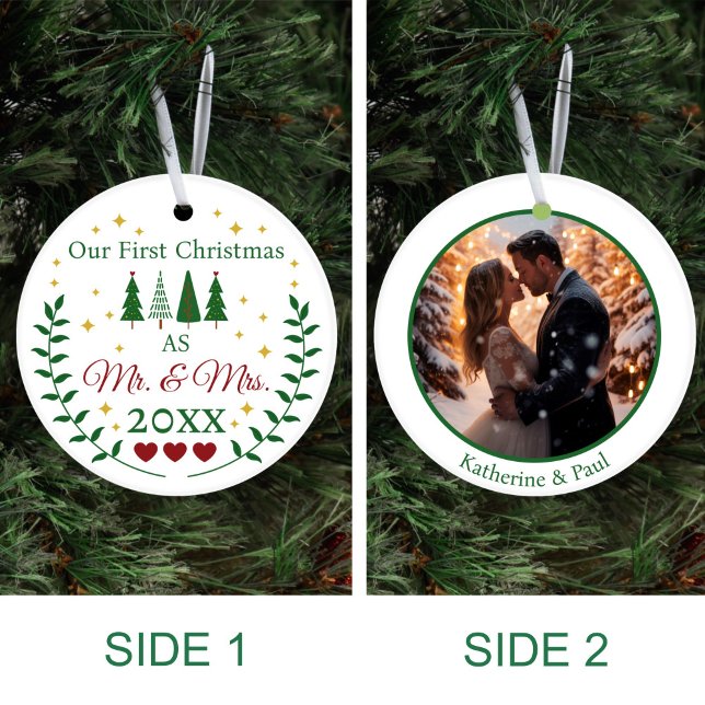 Our First Christmas as Mr and Mrs Custom Photo Ceramic Ornament (Creator Uploaded)