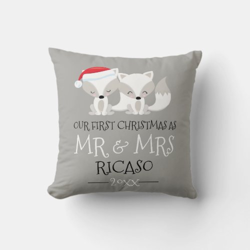 Our First Christmas As Mr and Mrs _ Fox Themed Throw Pillow