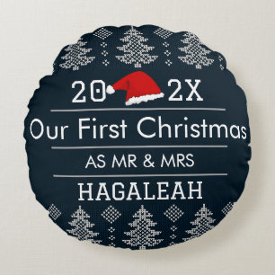 Our First Christmas as Mr. and Mrs. Newlywed Round Pillow