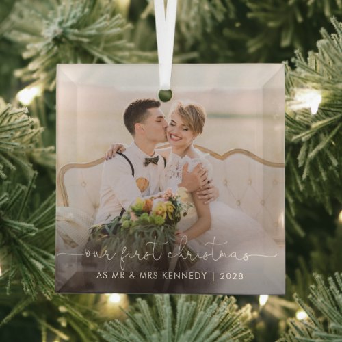 Our First Christmas as Mr and Mrs Photo  Glass Ornament