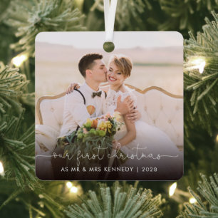 Our First Christmas as Mr. and Mrs. Photo Metal Ornament