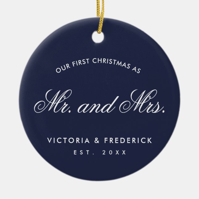 Our First Christmas as Mr and Mrs Photo Navy Blue Ceramic Ornament (Front)