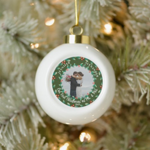 Our first christmas as Mr and Mrs photo Snowflake Ceramic Ball Christmas Ornament