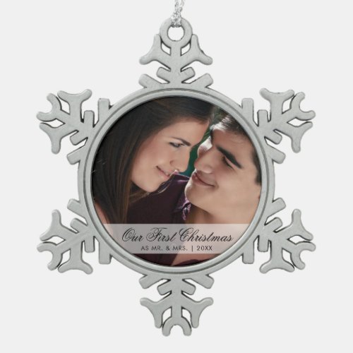 Our First Christmas as Mr and Mrs Photo Snowflake Pewter Christmas Ornament