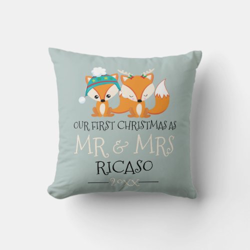 Our First Christmas As Mr and Mrs Red Fox Themed Throw Pillow