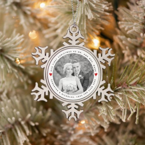Our first Christmas as Mr and Mrs red hearts photo Snowflake Pewter Christmas Ornament