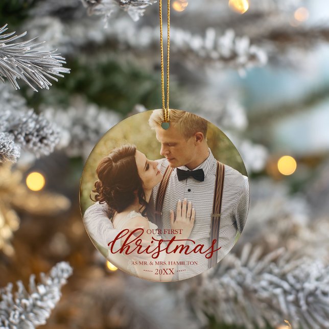 Our First Christmas As Mr And Mrs Red Script Ceramic Ornament (Creator Uploaded)