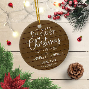 Our First Christmas As Mr And Mrs Rustic Farmhouse Ceramic Ornament