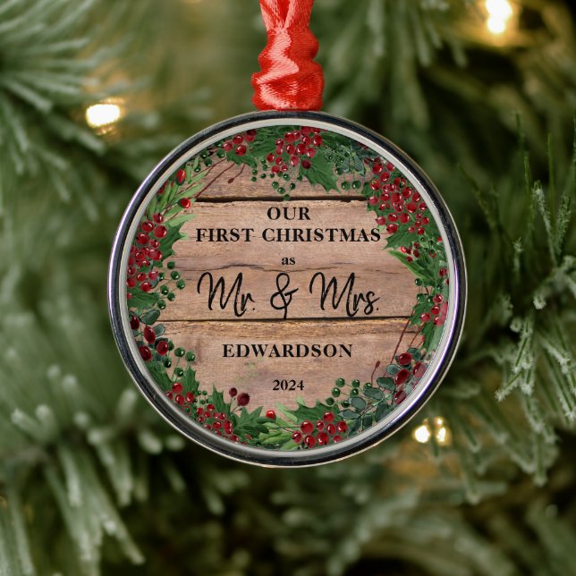 Our first Christmas as Mr and Mrs rustic wood Meta Metal Ornament (Tree)