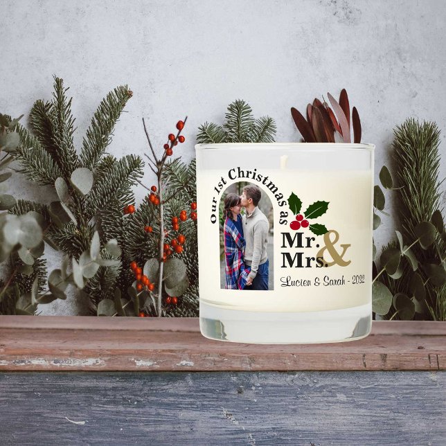 Our First Christmas as Mr. and Mrs Scented Candle (Celebrate your first Christmas as Mr. & Mrs. with this personalized vanilla sandalwood jar candle.)