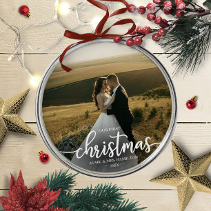 Our First Christmas As Mr And Mrs Simple Elegant Metal Ornament