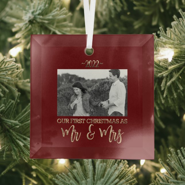 Our First Christmas as Mr and Mrs Wedding Couple G Glass Ornament (Insitu)