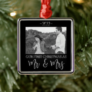 Our First Christmas as Mr and Mrs Wedding Couple Metal Ornament