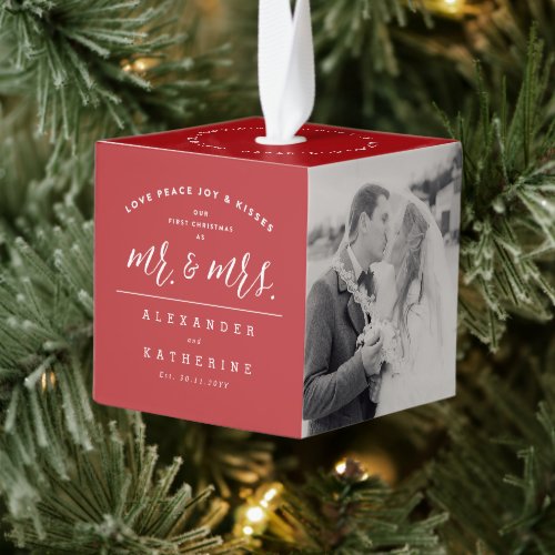 Our First Christmas As Mr And Mrs Wedding Photo  Cube Ornament