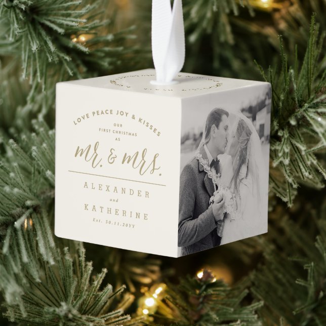 Our First Christmas As Mr. And Mrs. Wedding Photo Cube Ornament (Tree)