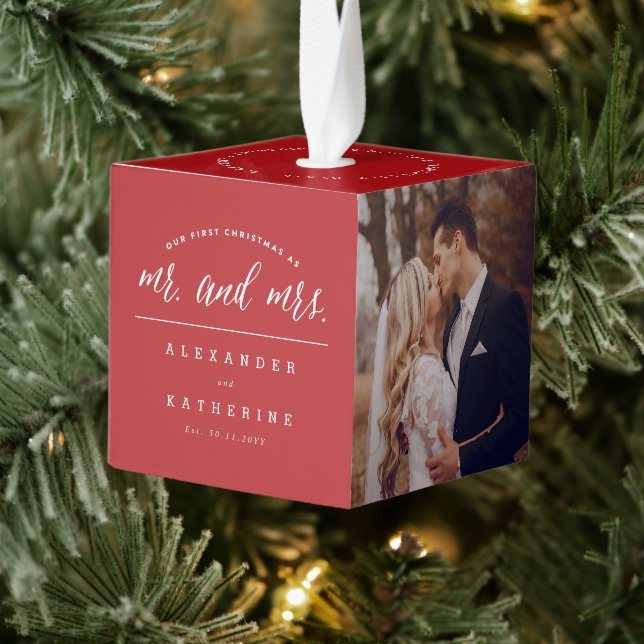 Our First Christmas As Mr. And Mrs. Wedding Photo Cube Ornament (Tree)