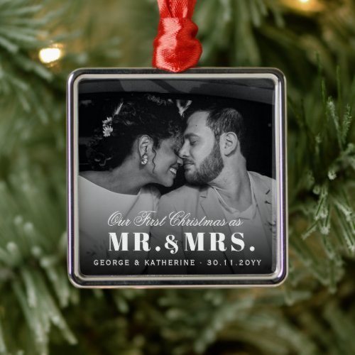 Our First Christmas As Mr And Mrs Wedding Photo Metal Ornament