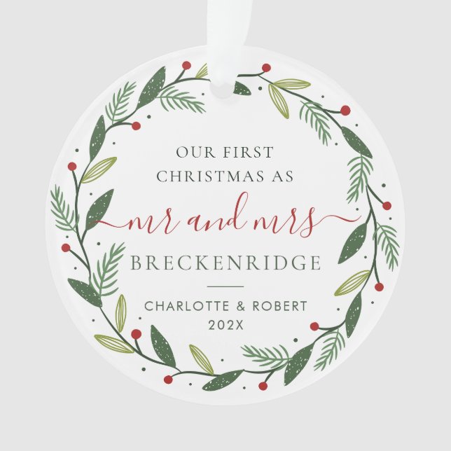 Our First Christmas as Mr and Mrs Wedding Photo Ornament (Front)