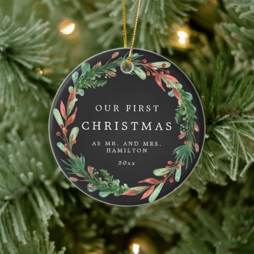 Our First Christmas as Mr and Mrs Wreath Ceramic O Ceramic Ornament