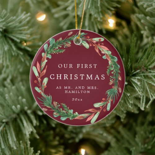 Our First Christmas as Mr and Mrs Wreath Ceramic O Ceramic Ornament