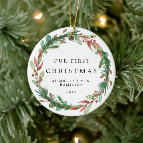 Our First Christmas as Mr and Mrs Wreath Ceramic Ornament
