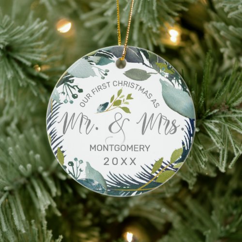 Our First Christmas as Mr and Mrs Wreath Photo Ceramic Ornament