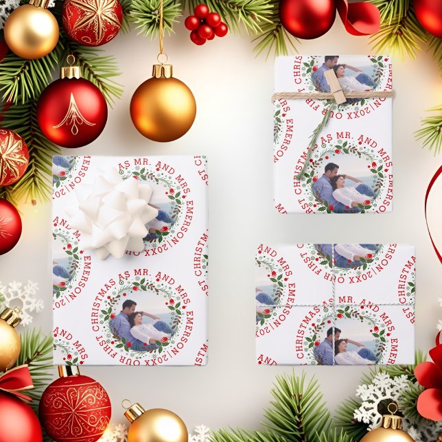 Our first Christmas as Mr and Mrs wreath photo Wrapping Paper Sheets (Creator Uploaded)