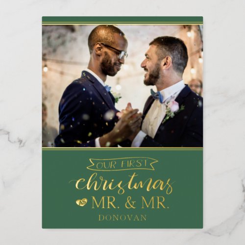 Our first Christmas as mr  mr newlyweds gold Foil Foil Holiday Postcard