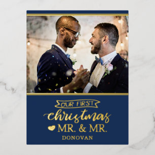 Our first Christmas as mr & mr newlyweds gold Foil Holiday Postcard