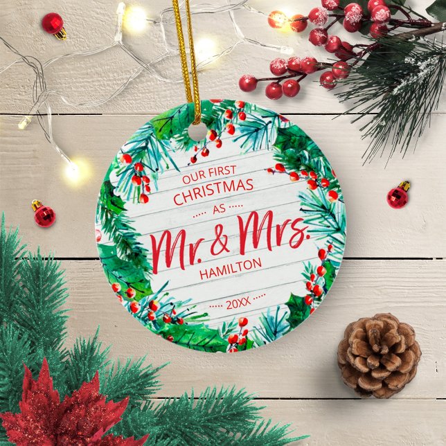 Our First Christmas as Mr & Mrs 2020 Rustic Wreath Ceramic Ornament (Creator Uploaded)