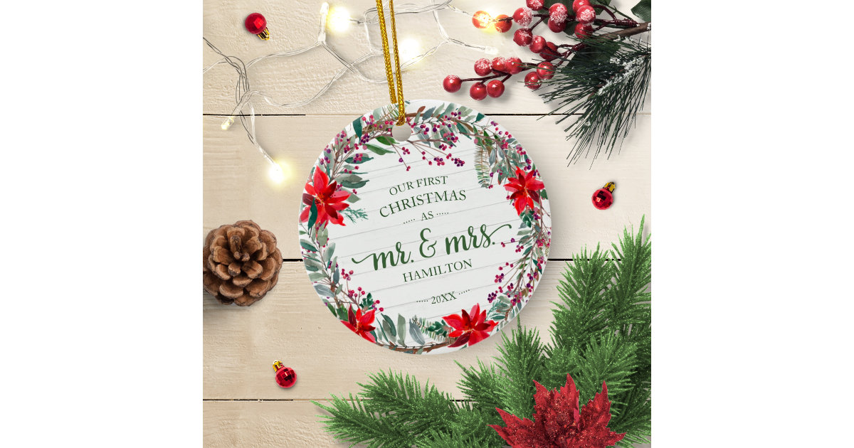 Our First Christmas as Mr & Mrs 2024 Rustic Wreath Ceramic Ornament