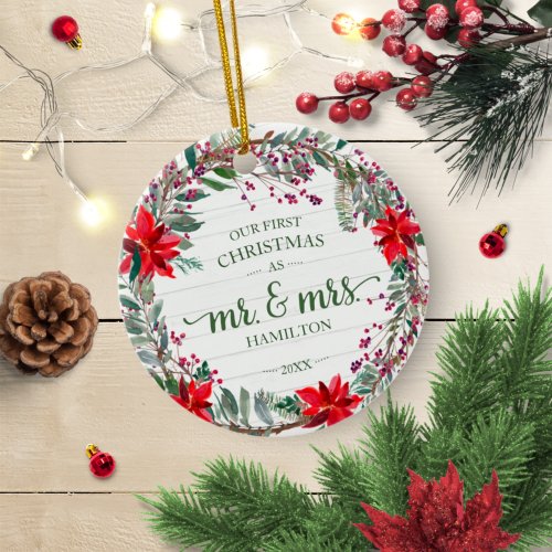 Our First Christmas as Mr  Mrs 2024 Rustic Wreath Ceramic Ornament