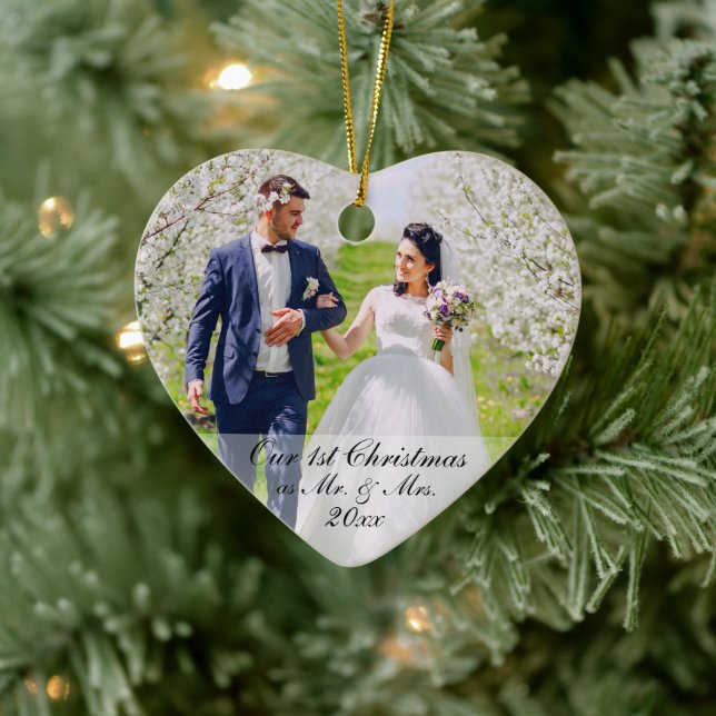 Our First Christmas as Mr. & Mrs. 2 Photo Heart Ceramic Ornament (Tree)