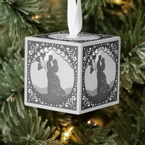 Our First Christmas As Mr  Mrs Black and Gray Cube Ornament