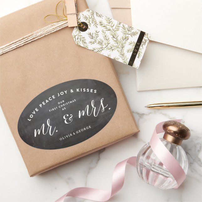 Our First Christmas As Mr & Mrs Chalkboard Holiday Oval Sticker (Gifting)
