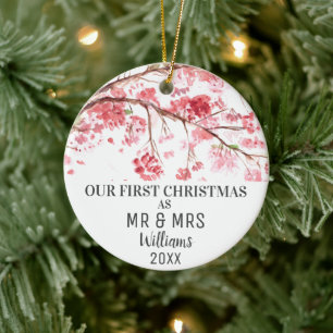 Our First Christmas as MR & MRS Cherry Blossom Ceramic Ornament