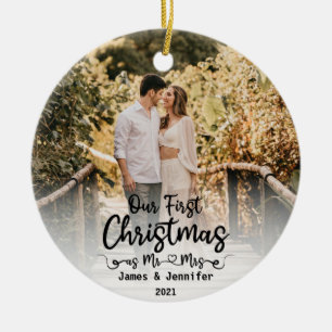 Our First Christmas as Mr & Mrs Custom 2 Photo Ceramic Ornament