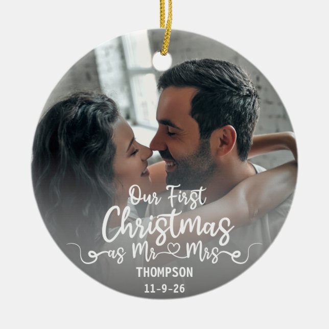 Our First Christmas as Mr & Mrs Custom Photo Ceramic Ornament (Front)