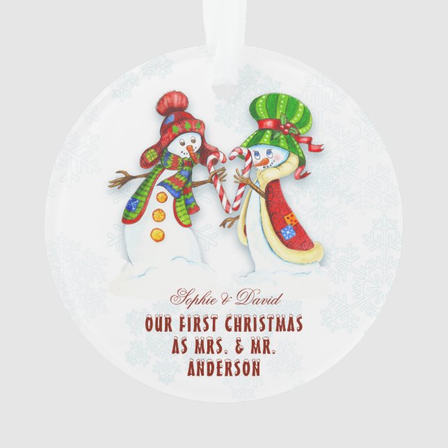 Our First Christmas As Mr. & Mrs.Cute Snowman Ornament (Back)