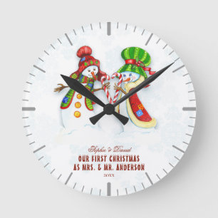 Our First Christmas As Mr. & Mrs.Cute Snowman Round Clock