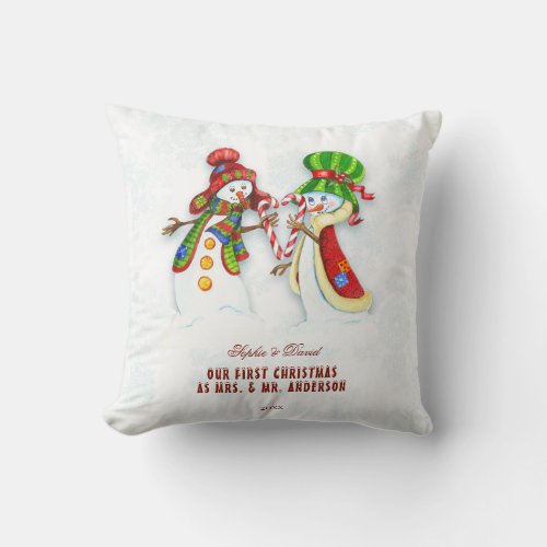 Our First Christmas As Mr  MrsCute Snowman Throw Pillow