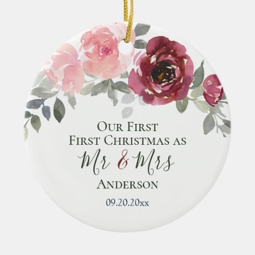 Our First Christmas as Mr  Mrs Elegant Floral Ceramic Ornament