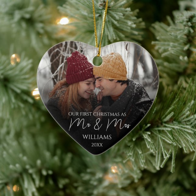 Our First Christmas As Mr & Mrs Elegant Photo Ceramic Ornament (Tree)