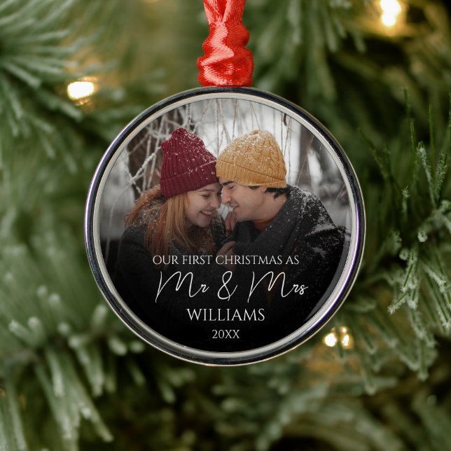 Our First Christmas As Mr & Mrs Elegant Photo Metal Ornament (Tree)