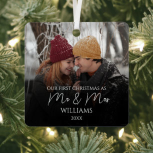 Our First Christmas As Mr & Mrs Elegant Photo Metal Ornament