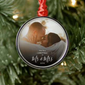 Our First Christmas As Mr & Mrs Elegant Photo Metal Ornament